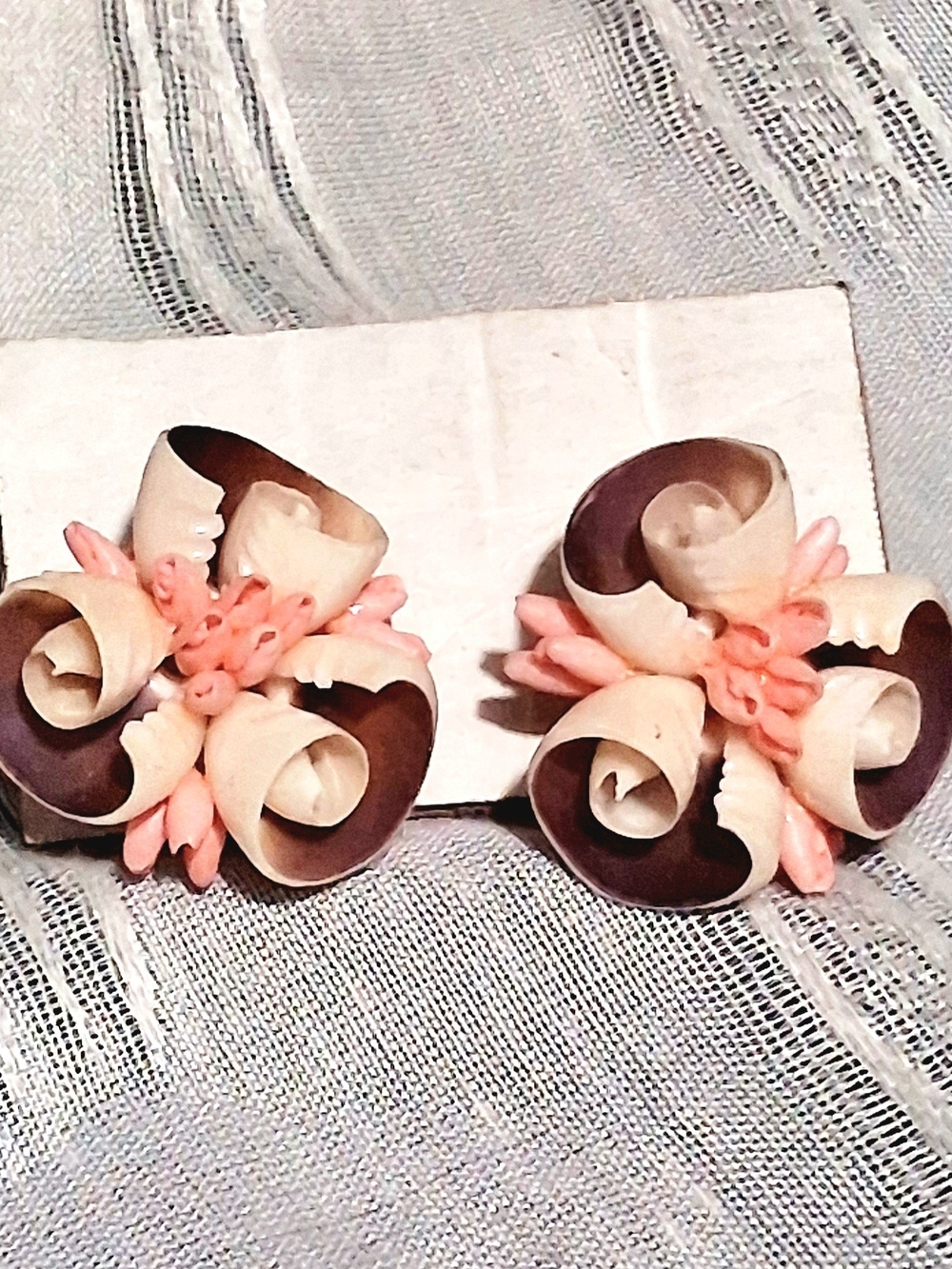 Vintage Carved Shell Flower Earrings Pink Accents Screw Back